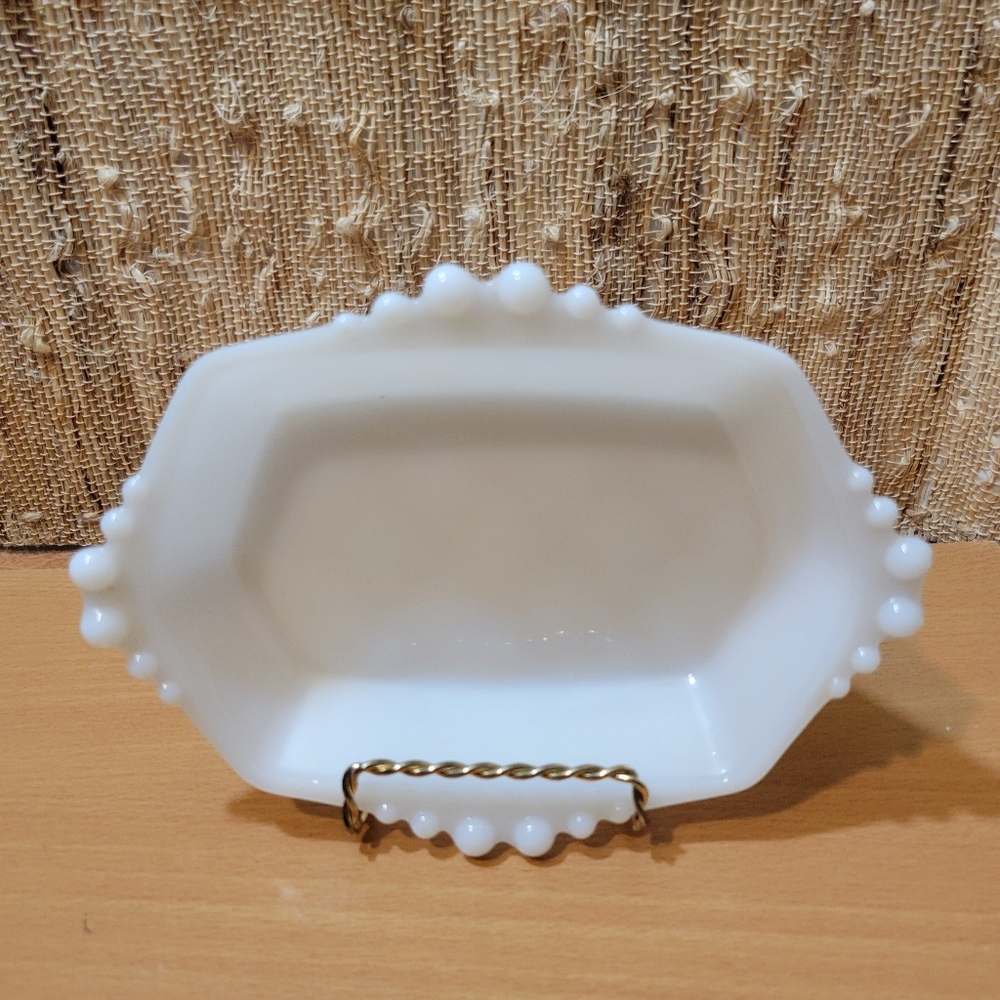 Vintage Anchor Hocking White Milk Glass Dish Beaded Ribbed Quilted